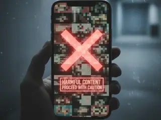 smartphone showing blurred images and a harmful content warning